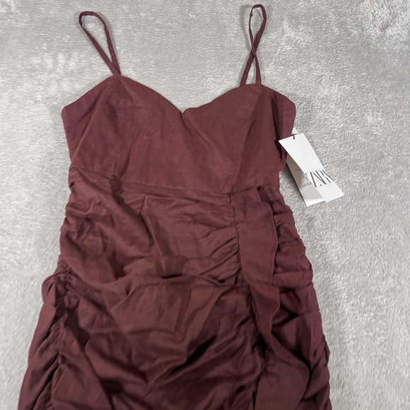 Zara Dress Women Small Dark Brown Ruched Linen Blend Sweetheart Mini Bodycon NWT - Picture 2 of 9
